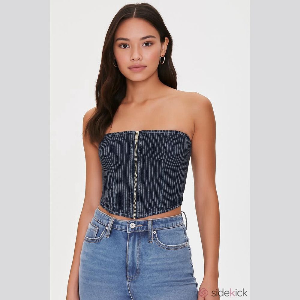 Forever 21 Denim Tube Top Pinstripe Women's M